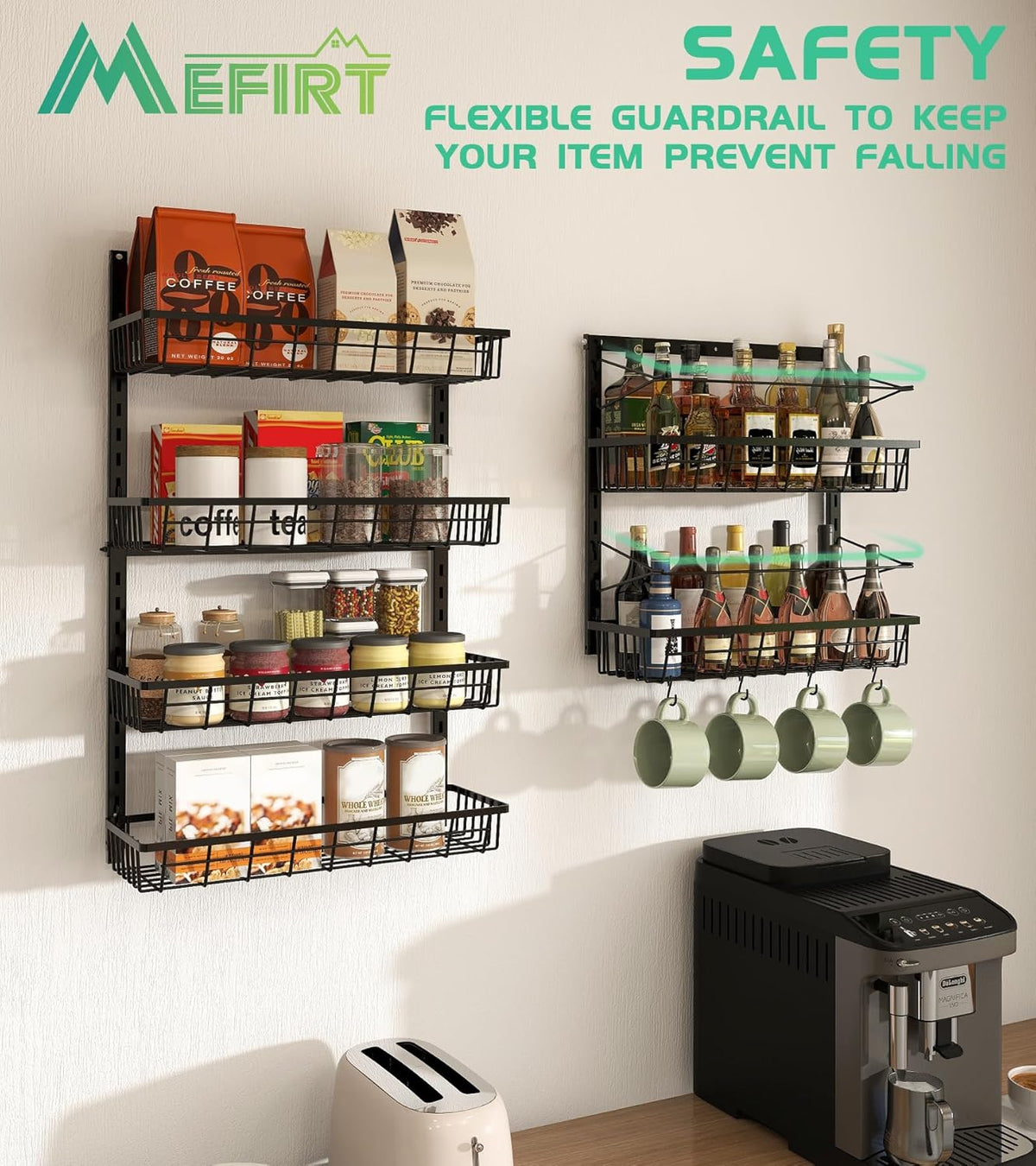 Over The Door Pantry Organizer, Pantry Storage and Organization | 6-Tier Adjustable Hanging Baskets, Metal Wall Mount Spice Rack Seasoning Shelves for Home & Kitchen, Laundry Bathroom - Black