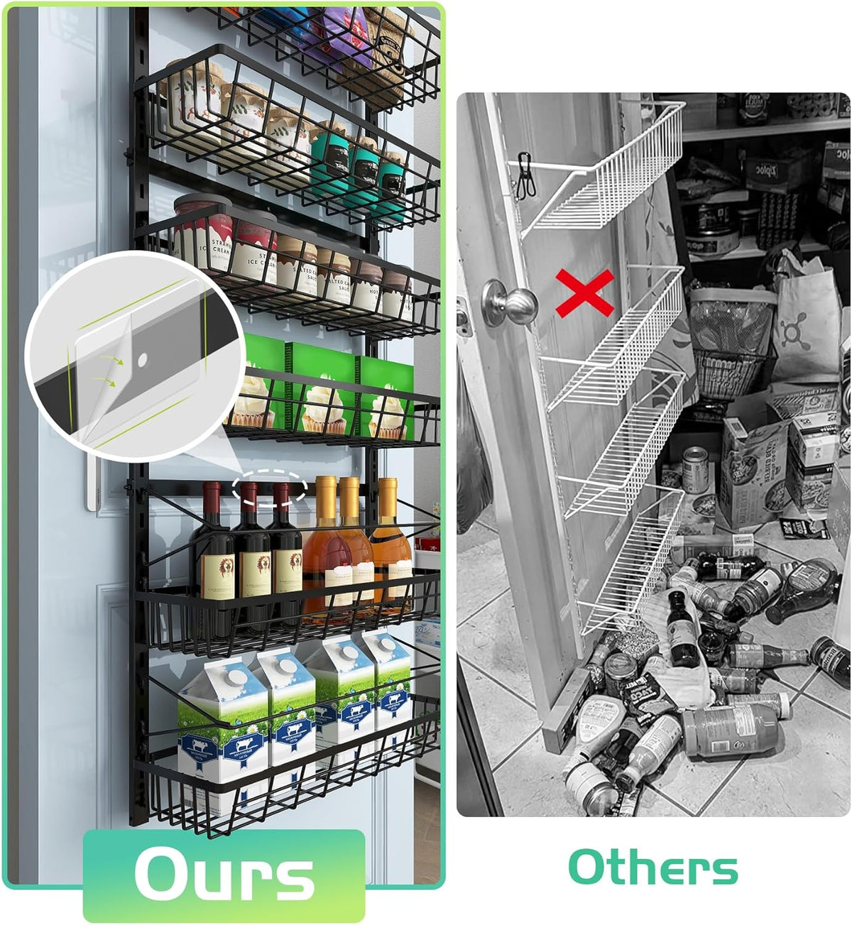 Over The Door Pantry Organizer, Pantry Storage and Organization | 6-Tier Adjustable Hanging Baskets, Metal Wall Mount Spice Rack Seasoning Shelves for Home & Kitchen, Laundry Bathroom - Black