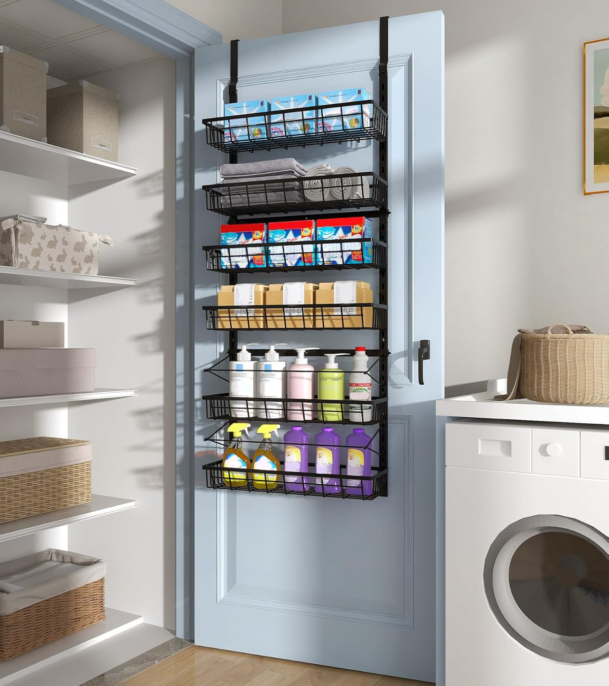 Over The Door Pantry Organizer, Pantry Storage and Organization | 6-Tier Adjustable Hanging Baskets, Metal Wall Mount Spice Rack Seasoning Shelves for Home & Kitchen, Laundry Bathroom - Black