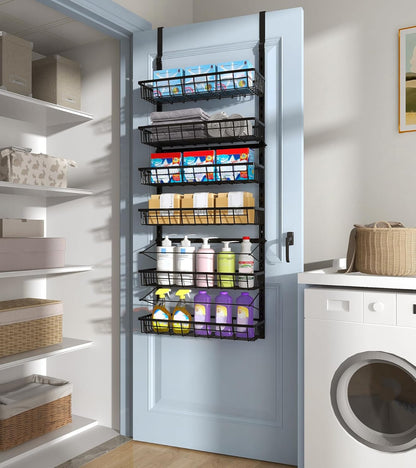 Over The Door Pantry Organizer, Pantry Storage and Organization | 6-Tier Adjustable Hanging Baskets, Metal Wall Mount Spice Rack Seasoning Shelves for Home & Kitchen, Laundry Bathroom - Black