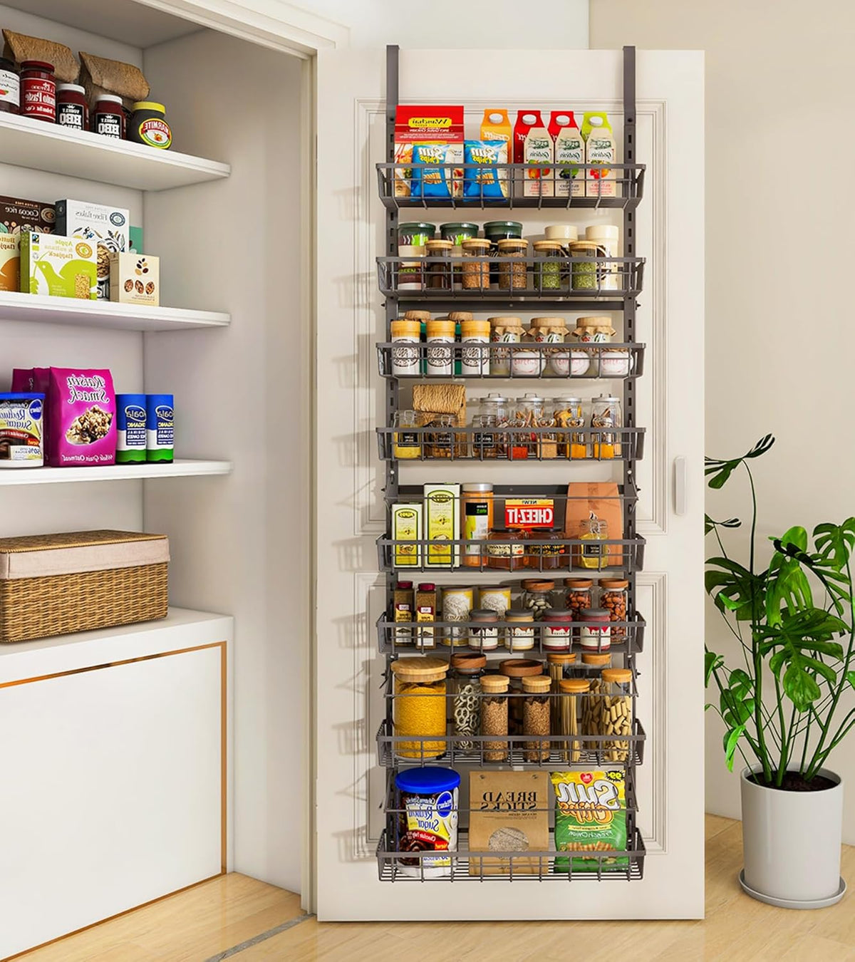 Over The Door Pantry Organizer, Pantry Storage and Organization | 6-Tier Adjustable Hanging Baskets, Metal Wall Mount Spice Rack Seasoning Shelves for Home & Kitchen, Laundry Bathroom - Black