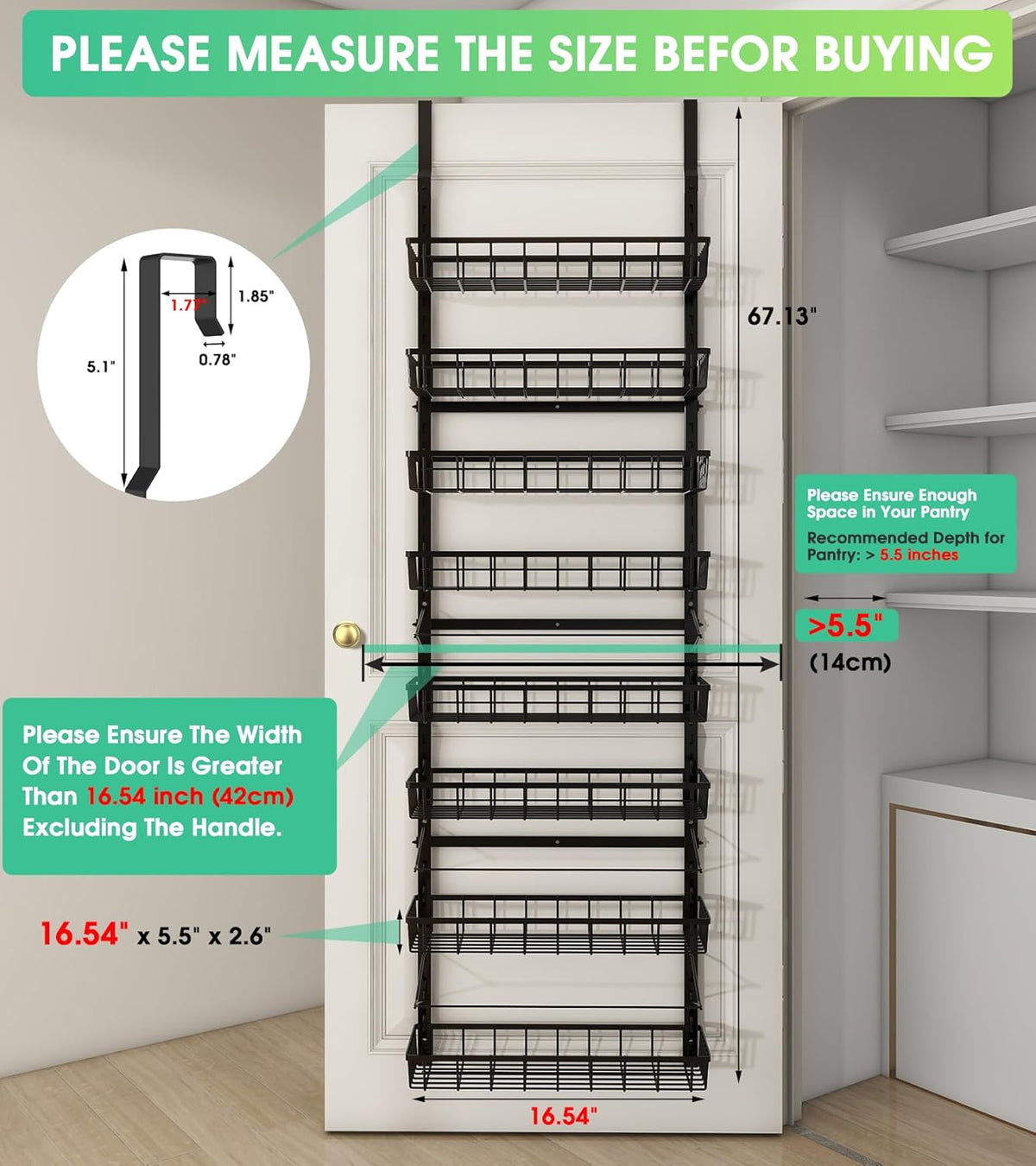 Over The Door Pantry Organizer, Pantry Storage and Organization | 6-Tier Adjustable Hanging Baskets, Metal Wall Mount Spice Rack Seasoning Shelves for Home & Kitchen, Laundry Bathroom - Black