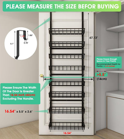 Over The Door Pantry Organizer, Pantry Storage and Organization | 6-Tier Adjustable Hanging Baskets, Metal Wall Mount Spice Rack Seasoning Shelves for Home & Kitchen, Laundry Bathroom - Black