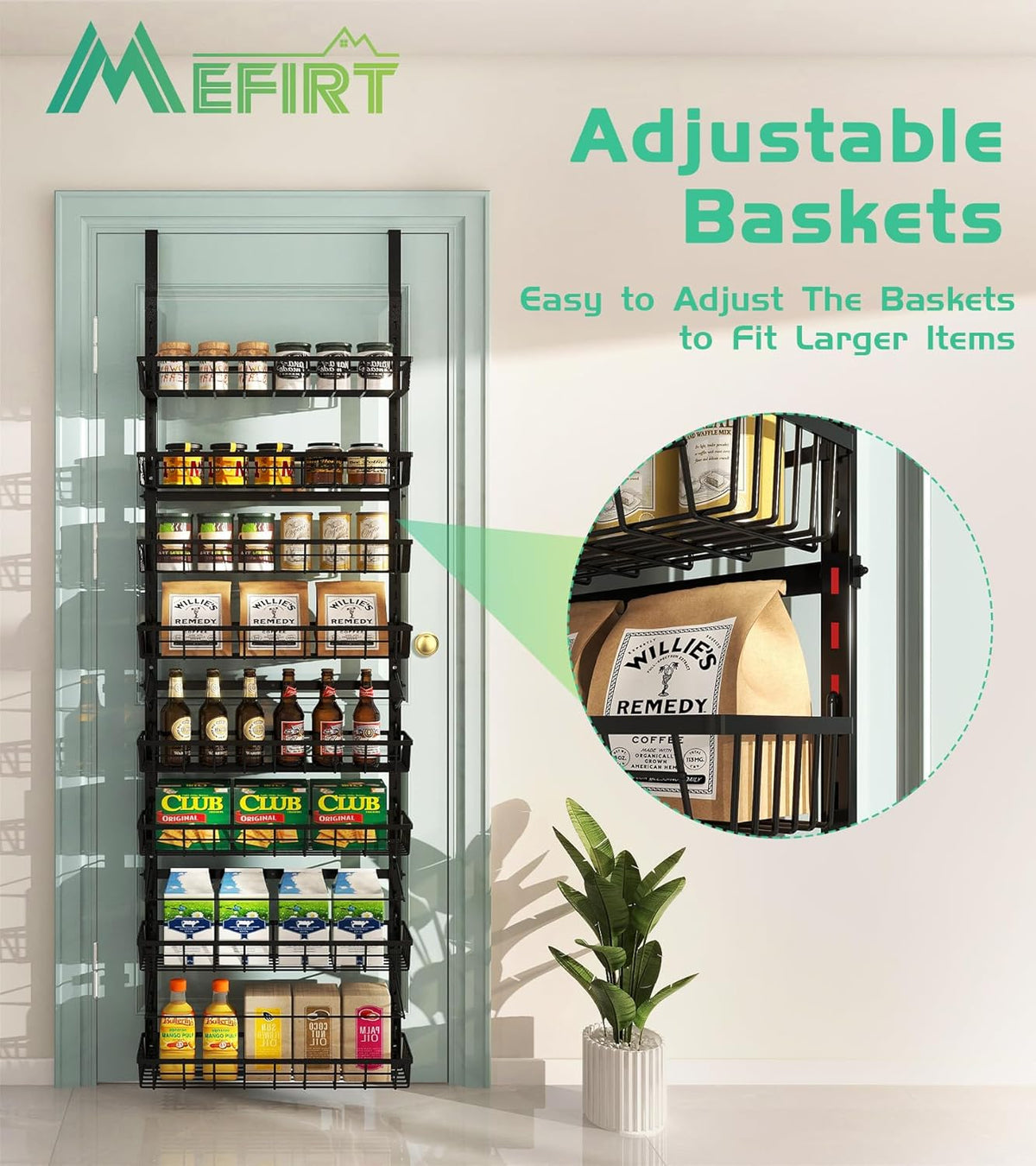 Over The Door Pantry Organizer, Pantry Storage and Organization | 6-Tier Adjustable Hanging Baskets, Metal Wall Mount Spice Rack Seasoning Shelves for Home & Kitchen, Laundry Bathroom - Black