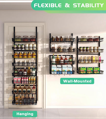 Over The Door Pantry Organizer, Pantry Storage and Organization | 6-Tier Adjustable Hanging Baskets, Metal Wall Mount Spice Rack Seasoning Shelves for Home & Kitchen, Laundry Bathroom - Black