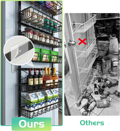 Over The Door Pantry Organizer, Pantry Storage and Organization | 6-Tier Adjustable Hanging Baskets, Metal Wall Mount Spice Rack Seasoning Shelves for Home & Kitchen, Laundry Bathroom - Black