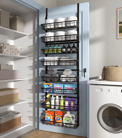 Over The Door Pantry Organizer, Pantry Storage and Organization | 6-Tier Adjustable Hanging Baskets, Metal Wall Mount Spice Rack Seasoning Shelves for Home & Kitchen, Laundry Bathroom - Black
