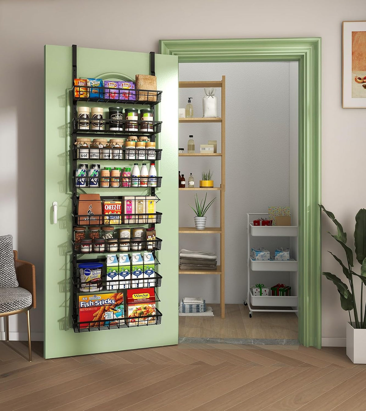 Over The Door Pantry Organizer, Pantry Storage and Organization | 6-Tier Adjustable Hanging Baskets, Metal Wall Mount Spice Rack Seasoning Shelves for Home & Kitchen, Laundry Bathroom - Black