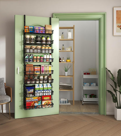 Over The Door Pantry Organizer, Pantry Storage and Organization | 6-Tier Adjustable Hanging Baskets, Metal Wall Mount Spice Rack Seasoning Shelves for Home & Kitchen, Laundry Bathroom - Black