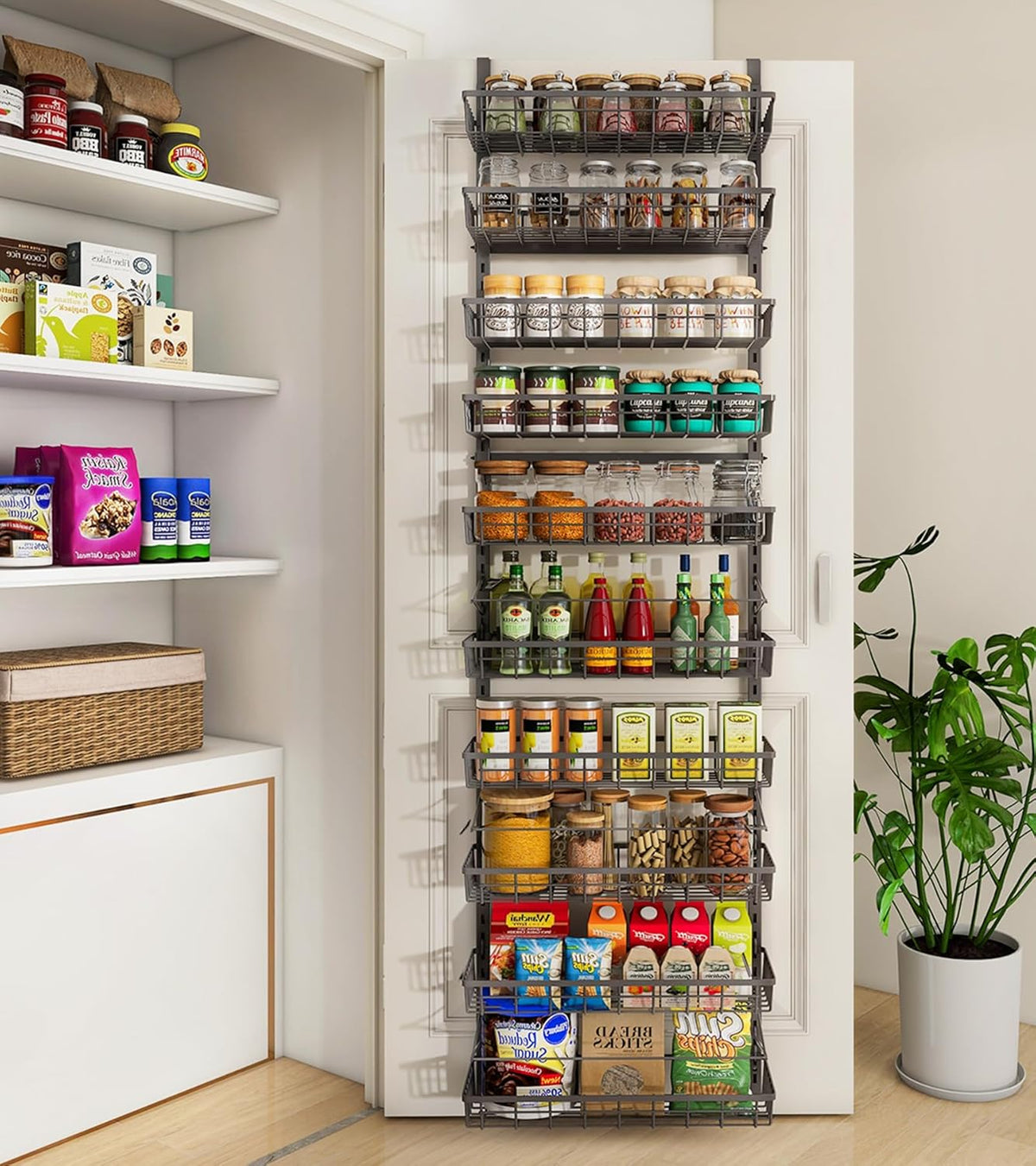 Over The Door Pantry Organizer, Pantry Storage and Organization | 6-Tier Adjustable Hanging Baskets, Metal Wall Mount Spice Rack Seasoning Shelves for Home & Kitchen, Laundry Bathroom - Black