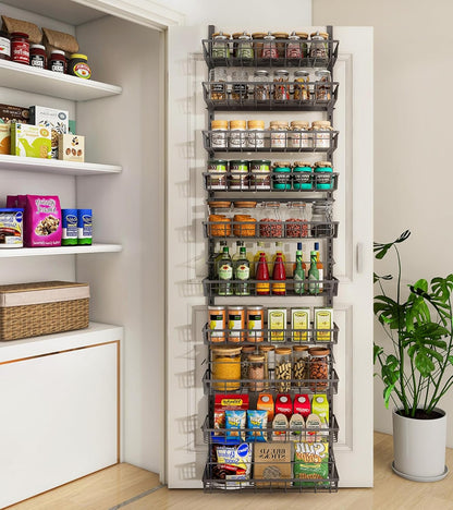 Over The Door Pantry Organizer, Pantry Storage and Organization | 6-Tier Adjustable Hanging Baskets, Metal Wall Mount Spice Rack Seasoning Shelves for Home & Kitchen, Laundry Bathroom - Black