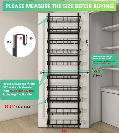 Over The Door Pantry Organizer, Pantry Storage and Organization | 6-Tier Adjustable Hanging Baskets, Metal Wall Mount Spice Rack Seasoning Shelves for Home & Kitchen, Laundry Bathroom - Black