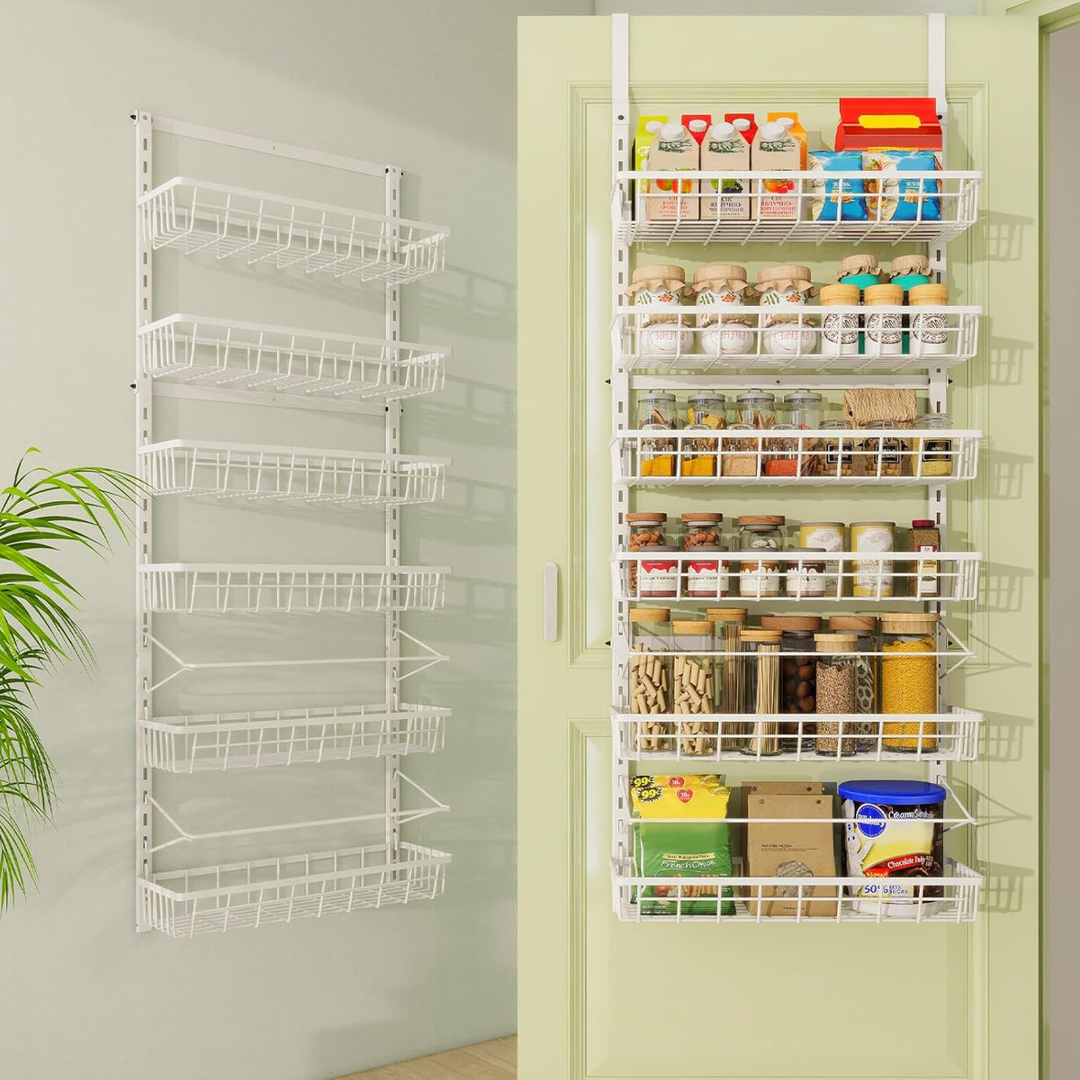 Over The Door Pantry Organizer, Pantry Storage and Organization | 6-Tier Adjustable Hanging Baskets, Metal Wall Mount Spice Rack Seasoning Shelves for Home & Kitchen, Laundry Bathroom - Black