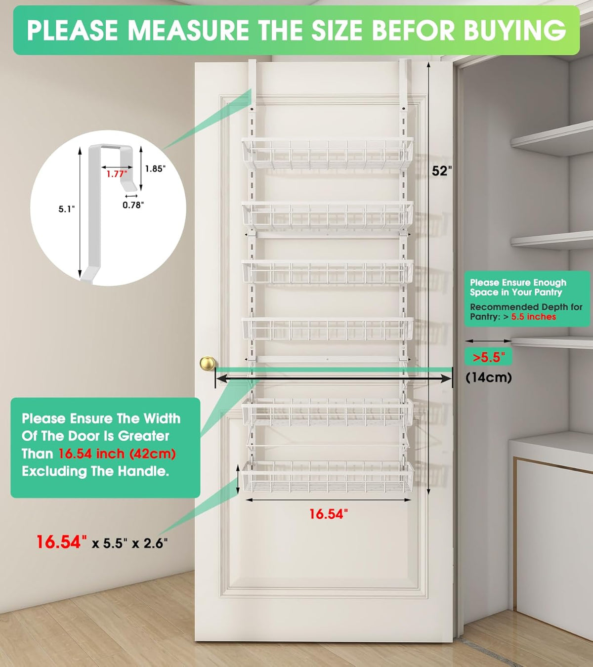 Over The Door Pantry Organizer, Pantry Storage and Organization | 6-Tier Adjustable Hanging Baskets, Metal Wall Mount Spice Rack Seasoning Shelves for Home & Kitchen, Laundry Bathroom - Black