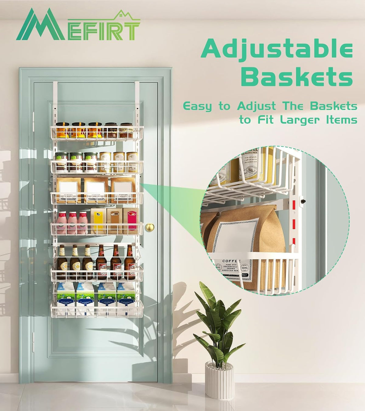 Over The Door Pantry Organizer, Pantry Storage and Organization | 6-Tier Adjustable Hanging Baskets, Metal Wall Mount Spice Rack Seasoning Shelves for Home & Kitchen, Laundry Bathroom - Black