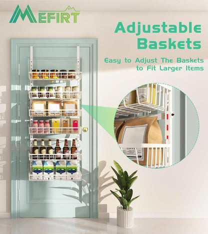 Over The Door Pantry Organizer, Pantry Storage and Organization | 6-Tier Adjustable Hanging Baskets, Metal Wall Mount Spice Rack Seasoning Shelves for Home & Kitchen, Laundry Bathroom - Black