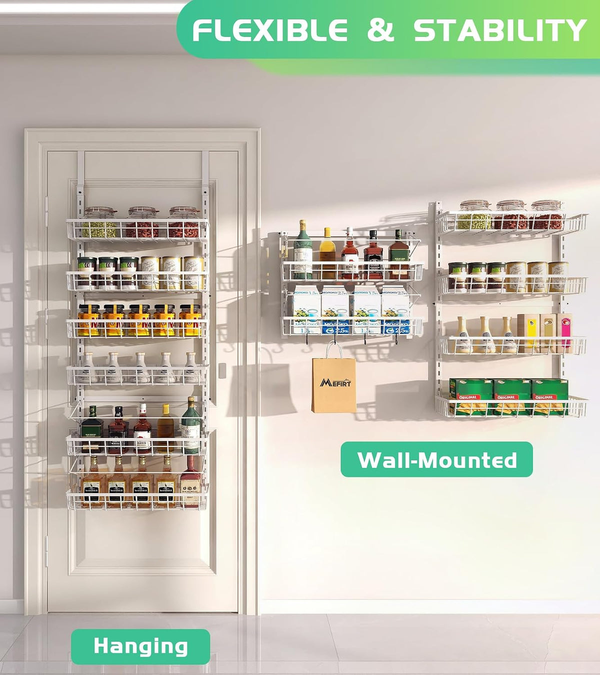 Over The Door Pantry Organizer, Pantry Storage and Organization | 6-Tier Adjustable Hanging Baskets, Metal Wall Mount Spice Rack Seasoning Shelves for Home & Kitchen, Laundry Bathroom - Black