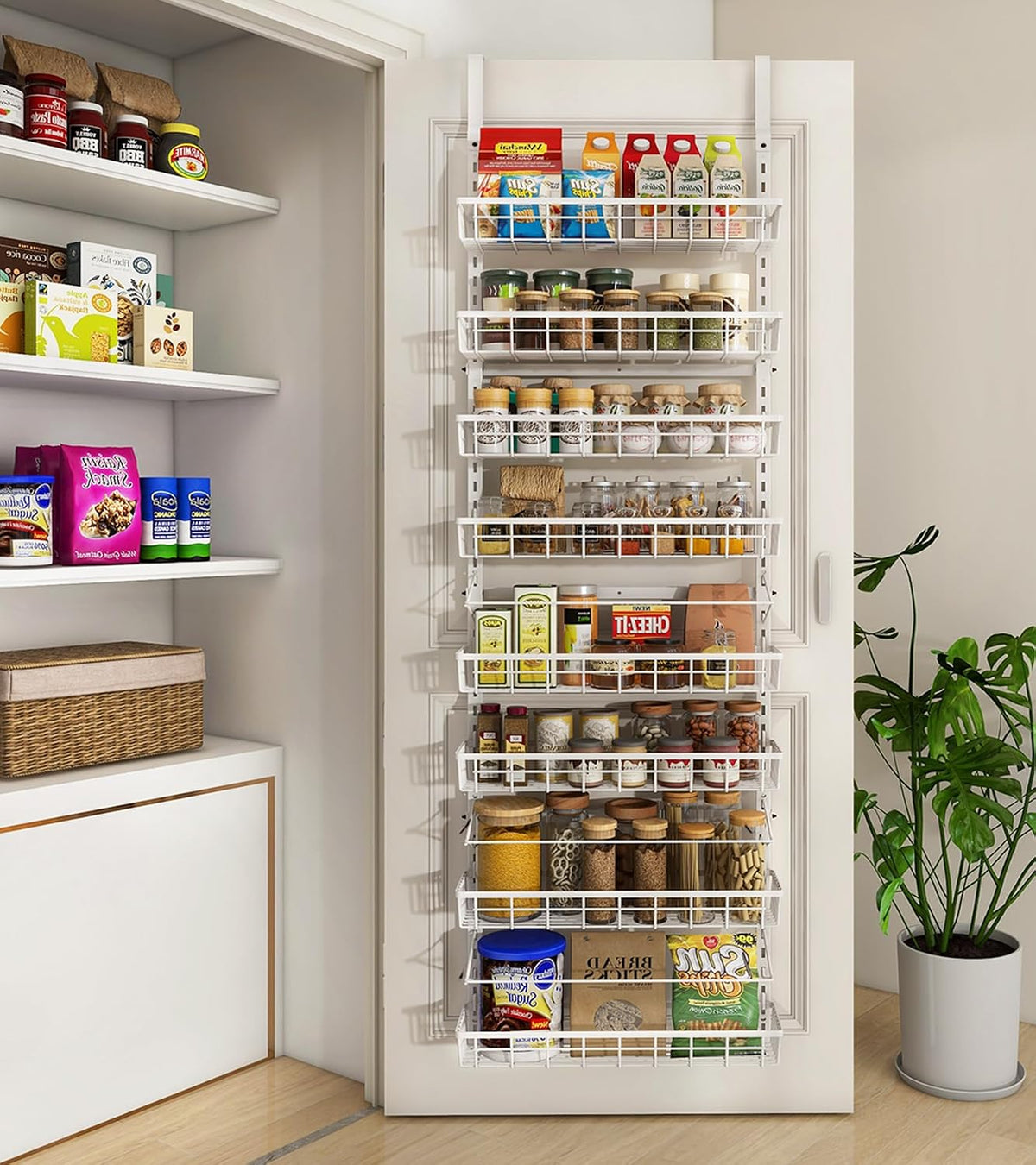 Over The Door Pantry Organizer, Pantry Storage and Organization | 6-Tier Adjustable Hanging Baskets, Metal Wall Mount Spice Rack Seasoning Shelves for Home & Kitchen, Laundry Bathroom - Black