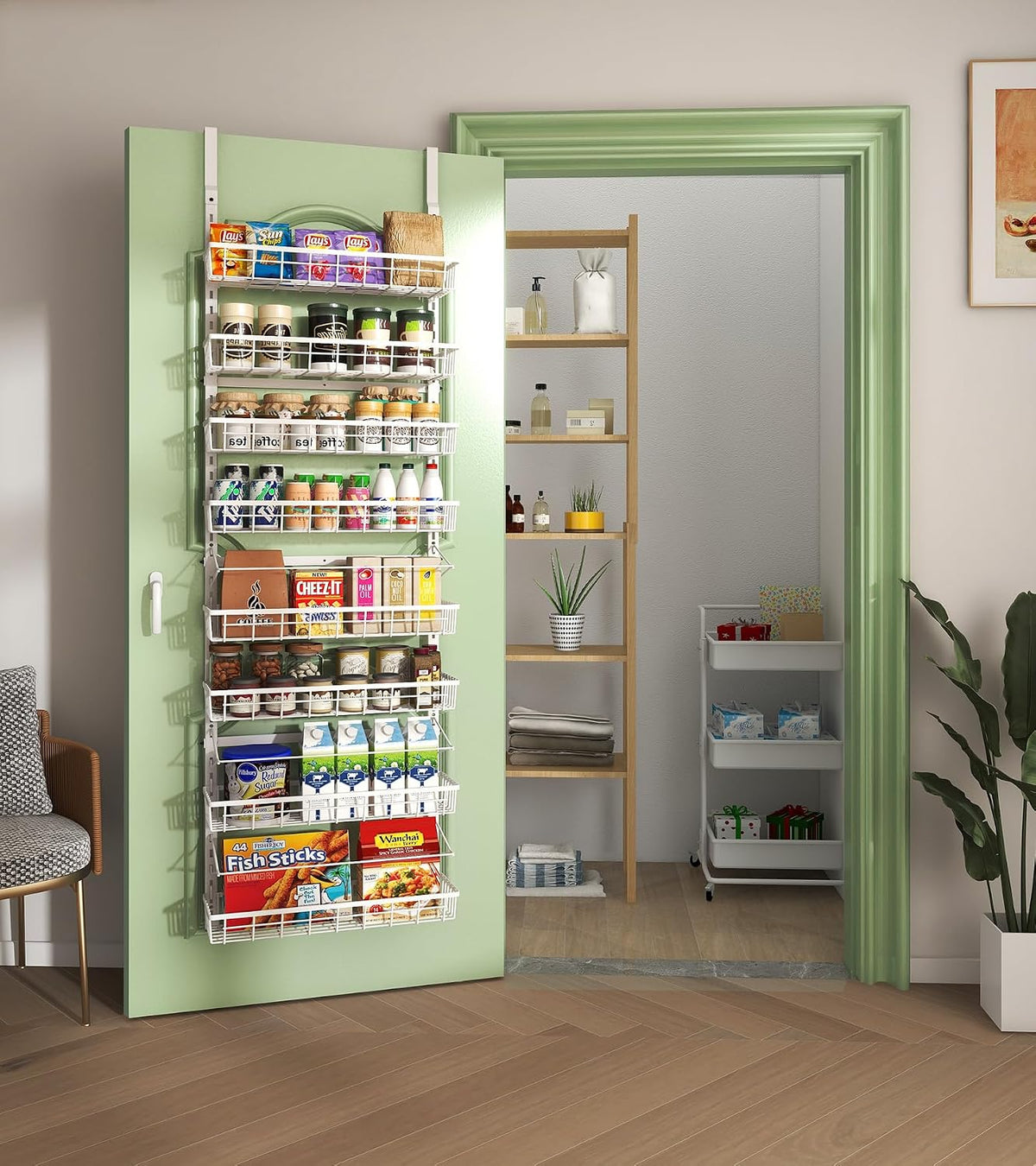 Over The Door Pantry Organizer, Pantry Storage and Organization | 6-Tier Adjustable Hanging Baskets, Metal Wall Mount Spice Rack Seasoning Shelves for Home & Kitchen, Laundry Bathroom - Black
