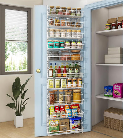 Over The Door Pantry Organizer, Pantry Storage and Organization | 6-Tier Adjustable Hanging Baskets, Metal Wall Mount Spice Rack Seasoning Shelves for Home & Kitchen, Laundry Bathroom - Black