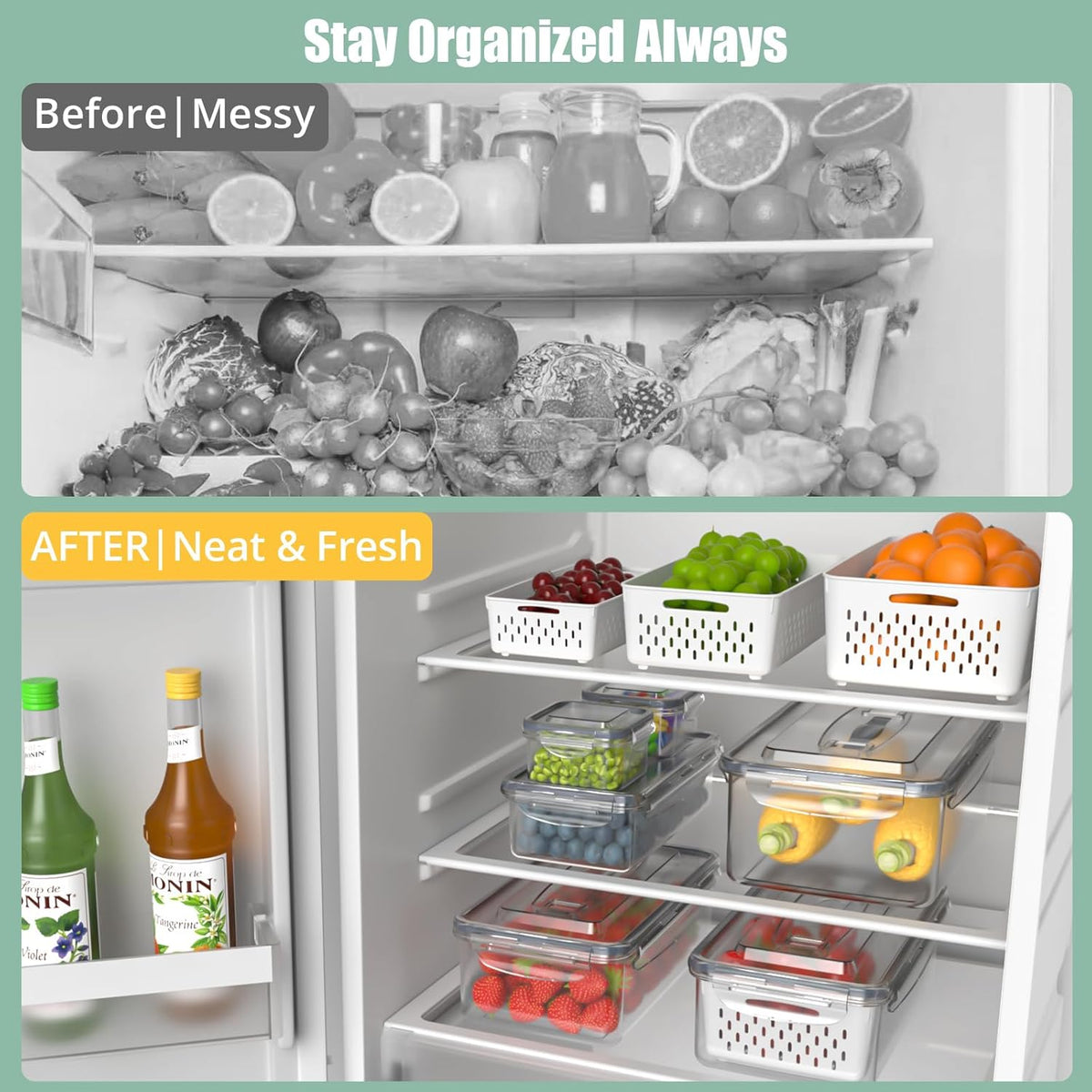 Anysig 5 Pack Fridge Fruit Storage Containers with Colander & Handle Lids | Airtight Fruit Containers for Fridge, Refrigerator Organizers and Storage, Dishwasher Safe, Keep Berry Fruit Fresh Longer