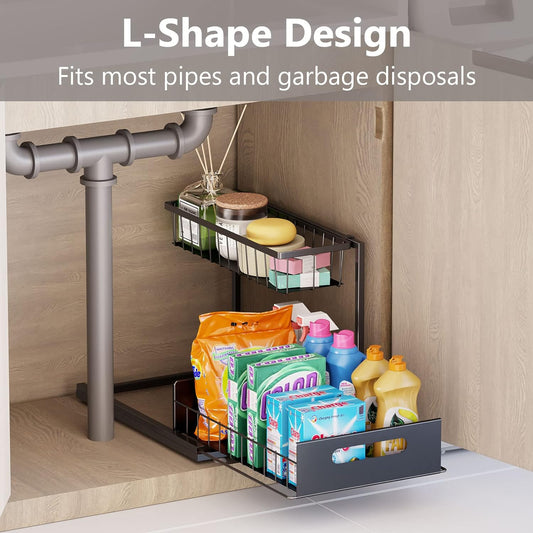 Slide Out Under Sink Organizers and Storage, White | 2 Tier, Sturdy Metal, Cabinet Organizer, for Kitchen Bathroom
