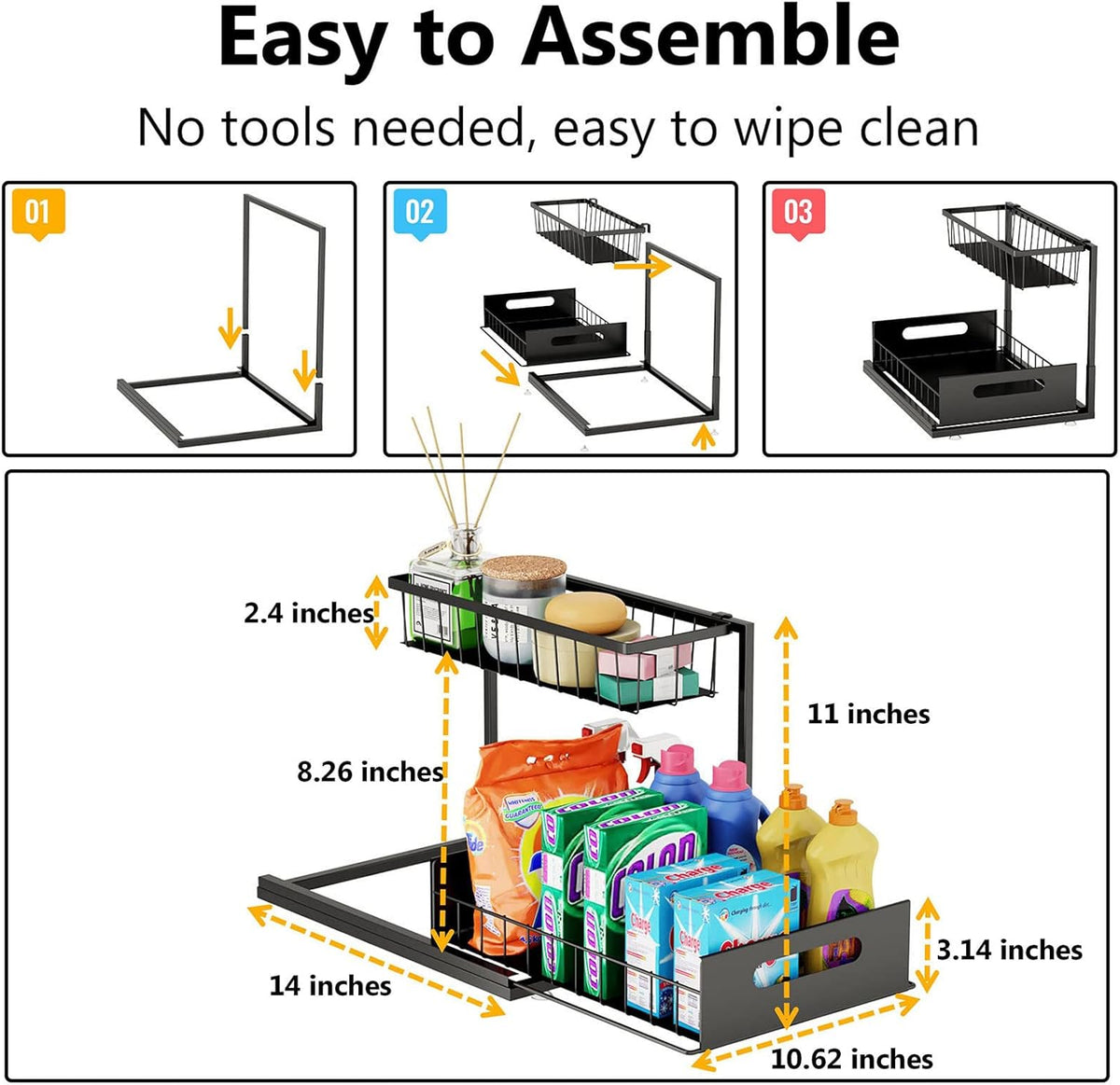 Slide Out Under Sink Organizers and Storage, White | 2 Tier, Sturdy Metal, Cabinet Organizer, for Kitchen Bathroom