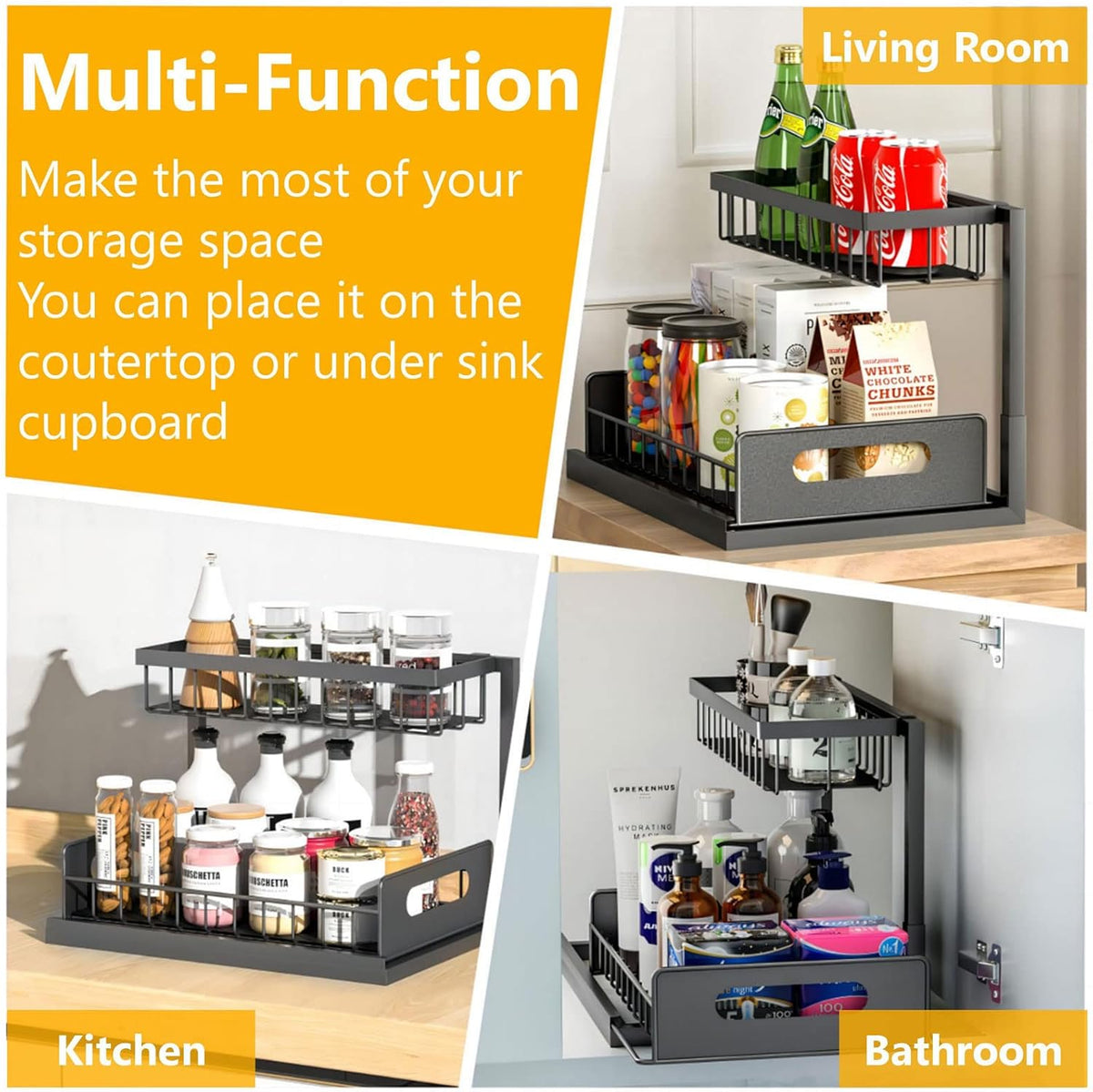 Slide Out Under Sink Organizers and Storage, White | 2 Tier, Sturdy Metal, Cabinet Organizer, for Kitchen Bathroom