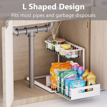 Slide Out Under Sink Organizers and Storage, White | 2 Tier, Sturdy Metal, Cabinet Organizer, for Kitchen Bathroom