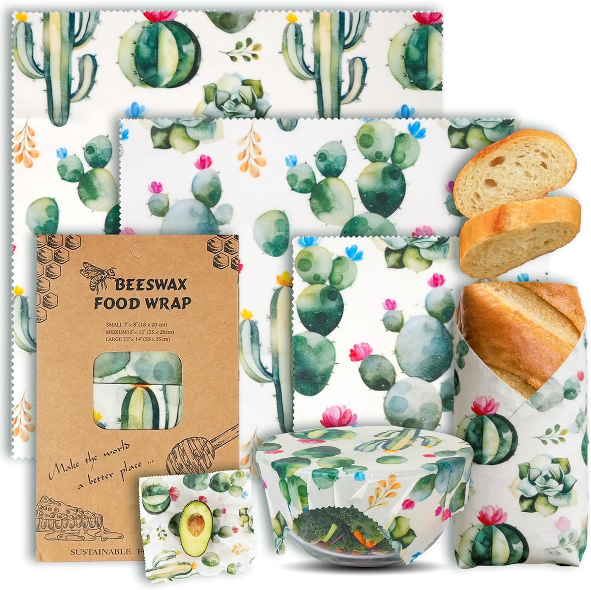Cactus Beeswax Wraps, S/M/L 3 Pack Reusable Food Storage