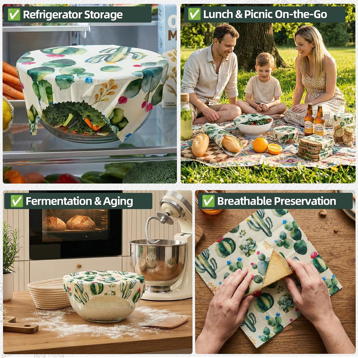 Cactus Beeswax Wraps, S/M/L 3 Pack Reusable Food Storage