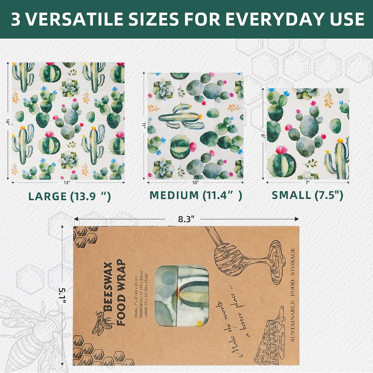 Cactus Beeswax Wraps, S/M/L 3 Pack Reusable Food Storage