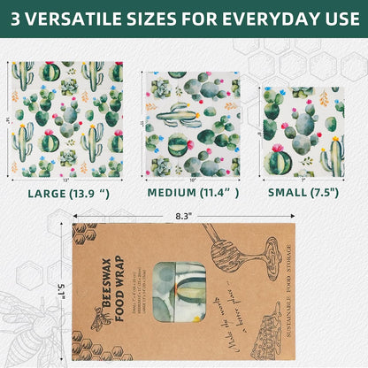 Cactus Beeswax Wraps, S/M/L 3 Pack Reusable Food Storage