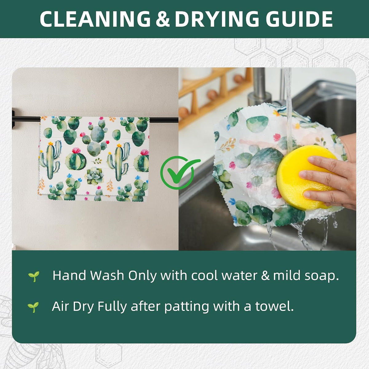 Cactus Beeswax Wraps, S/M/L 3 Pack Reusable Food Storage