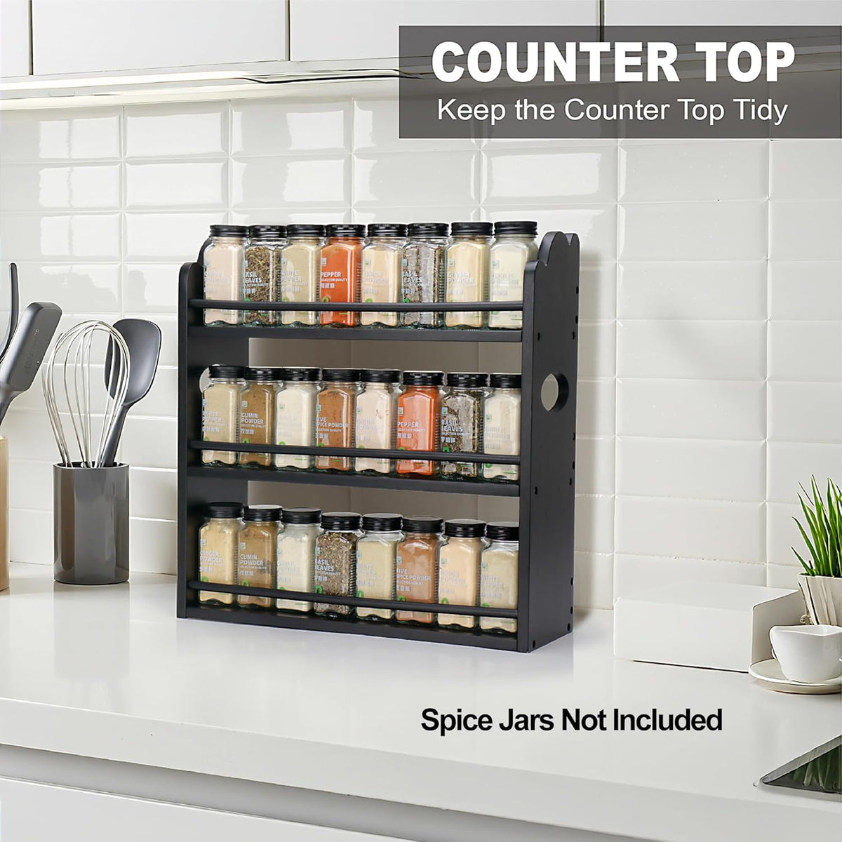 3 Tier Bamboo Spice Rack, Spice Rack Organizer, Seasoning Jars Rack Shelf Spice Organizer for Kitchen Counter or Wall Mounting, Spice Storage Holder with handles, Jars Not Included,Natural