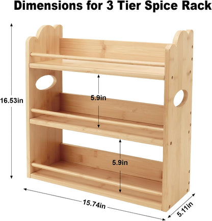 3 Tier Bamboo Spice Rack, Spice Rack Organizer, Seasoning Jars Rack Shelf Spice Organizer for Kitchen Counter or Wall Mounting, Spice Storage Holder with handles, Jars Not Included,Natural
