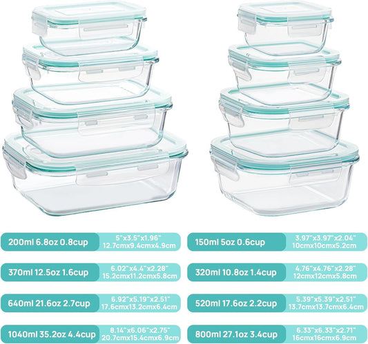 8 Pack Glass Food Storage Containers with Airtight Lids