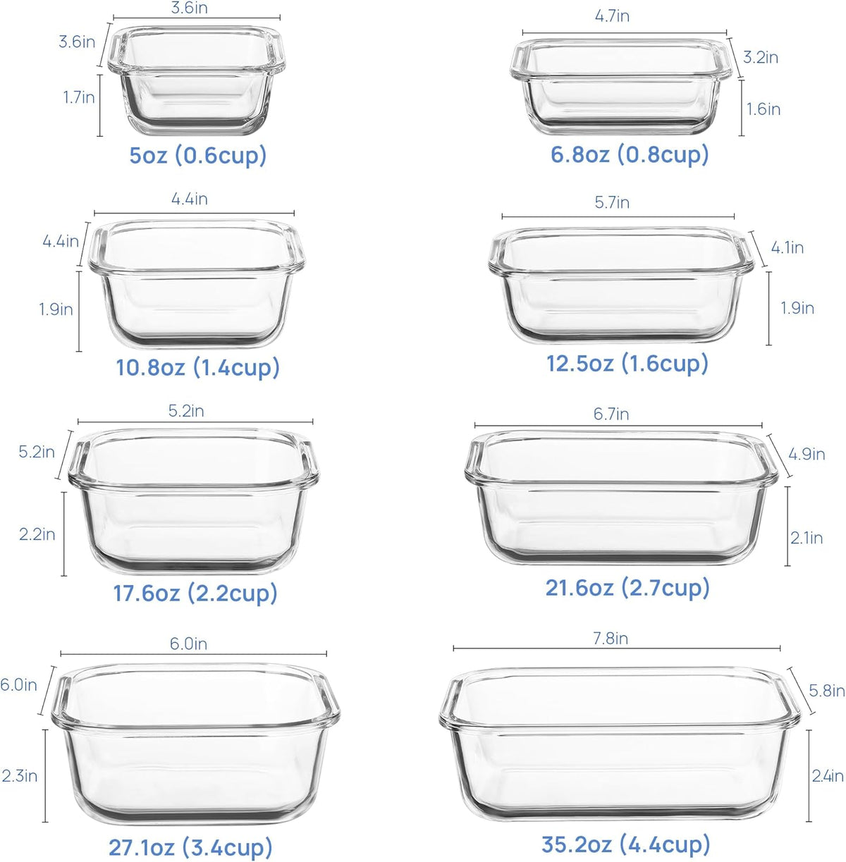 8 Pack Glass Food Storage Containers with Airtight Lids