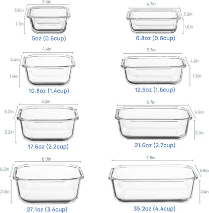 8 Pack Glass Food Storage Containers with Airtight Lids