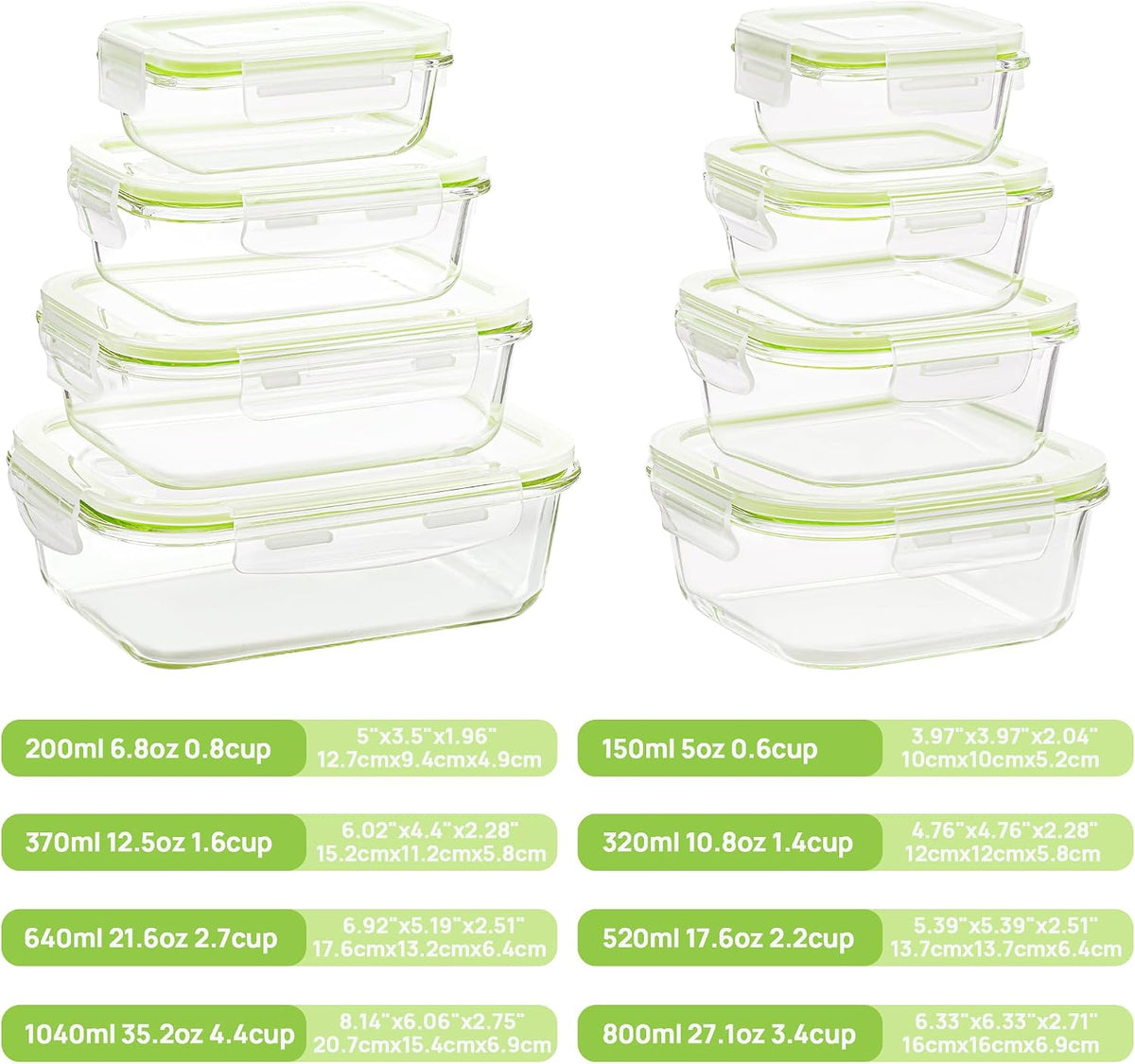 8 Pack Glass Food Storage Containers with Airtight Lids