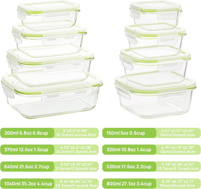8 Pack Glass Food Storage Containers with Airtight Lids