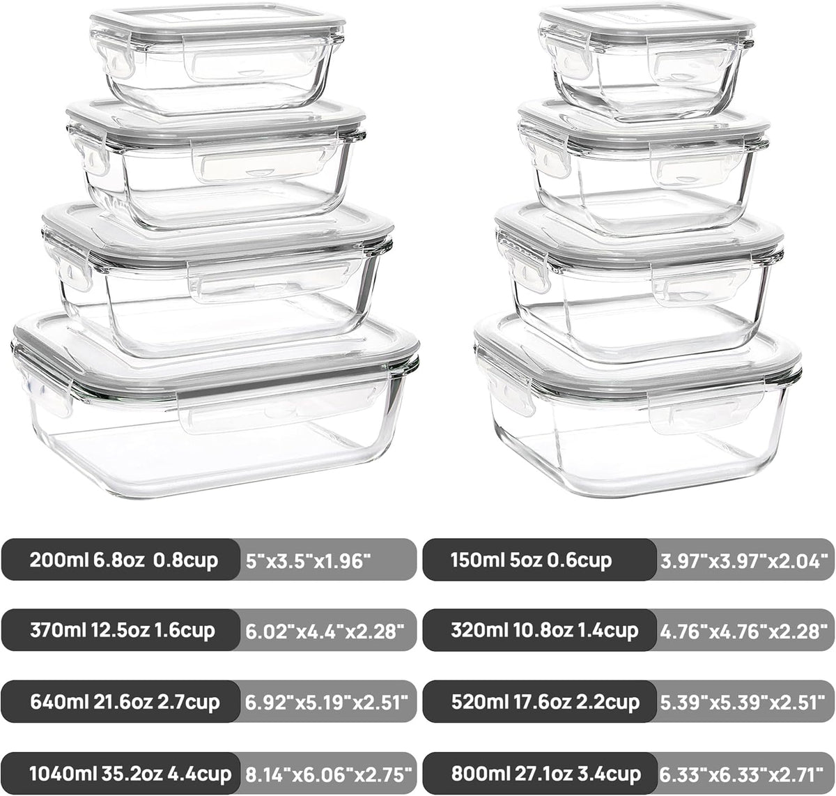 8 Pack Glass Food Storage Containers with Airtight Lids