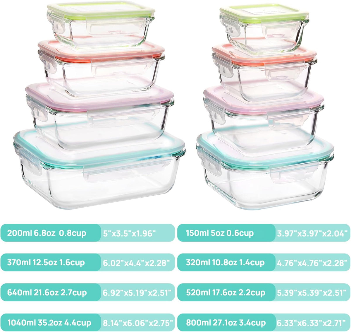 8 Pack Glass Food Storage Containers with Airtight Lids