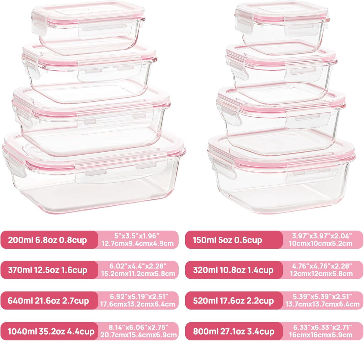 8 Pack Glass Food Storage Containers with Airtight Lids