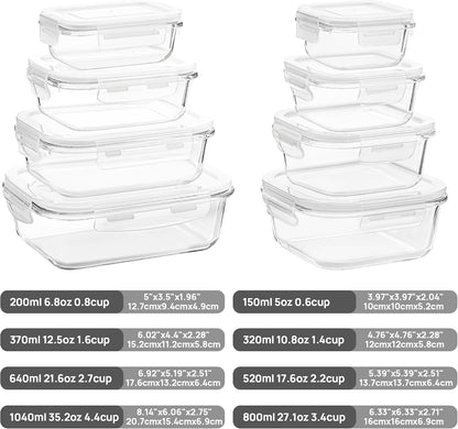 8 Pack Glass Food Storage Containers with Airtight Lids