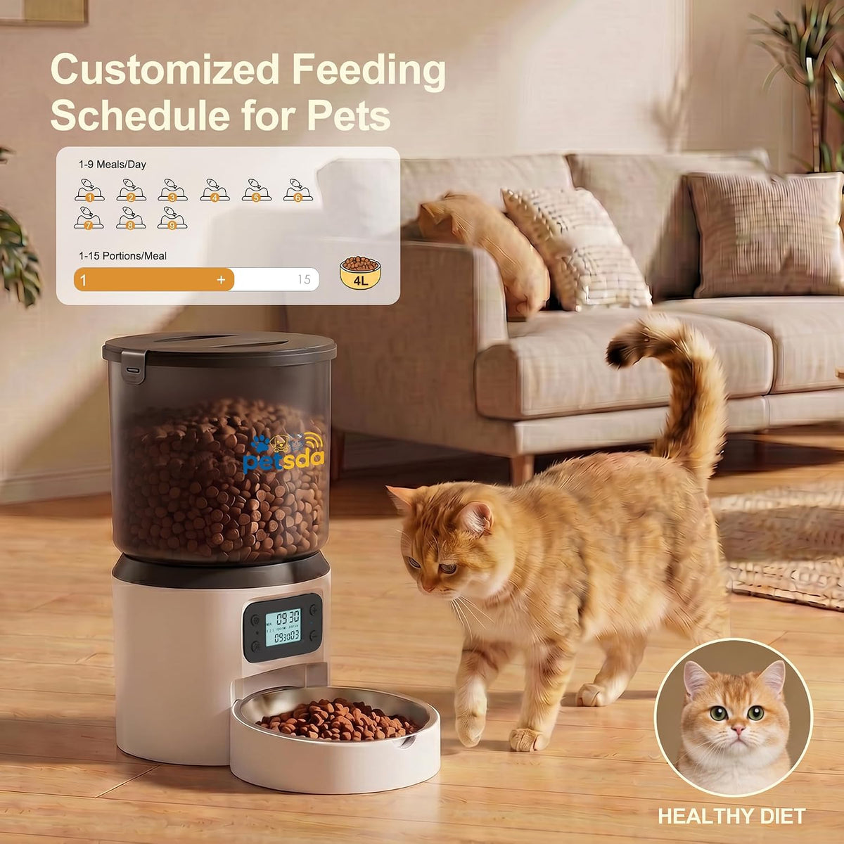 Automatic Cat Feeder 4L Timed Cat Dry Food Dispenser Auto Pet Feeder Portion Control up to 9 Meals/Day for Cats and Small Dogs Dual Power Supply, with Stainless Bowl Fresh Food, Easy Clean