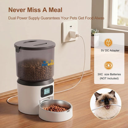 Automatic Cat Feeder 4L Timed Cat Dry Food Dispenser Auto Pet Feeder Portion Control up to 9 Meals/Day for Cats and Small Dogs Dual Power Supply, with Stainless Bowl Fresh Food, Easy Clean
