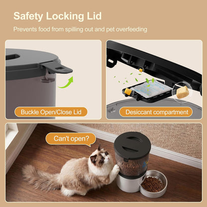 Automatic Cat Feeder 4L Timed Cat Dry Food Dispenser Auto Pet Feeder Portion Control up to 9 Meals/Day for Cats and Small Dogs Dual Power Supply, with Stainless Bowl Fresh Food, Easy Clean
