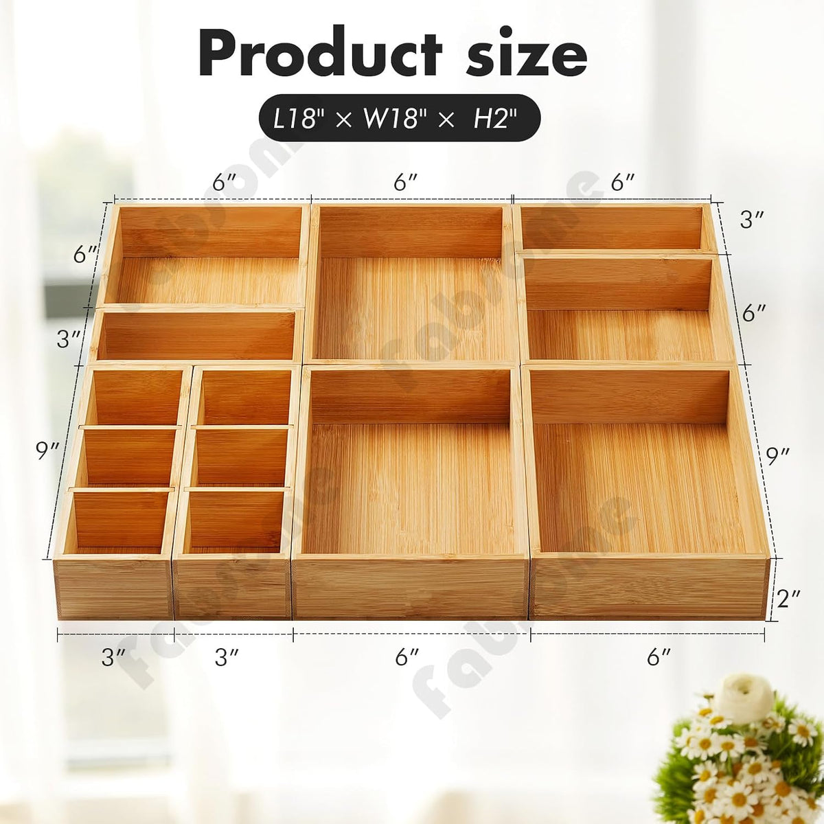 Drawer Organizer, Set of 9 Bamboo Wood Kitchen Makeup Desk Junk Tea Drawer Storage Boxes Bins for Cutlery Silverware Utensils Flatware, Small Wooden Container Tray for Bathroom, Office