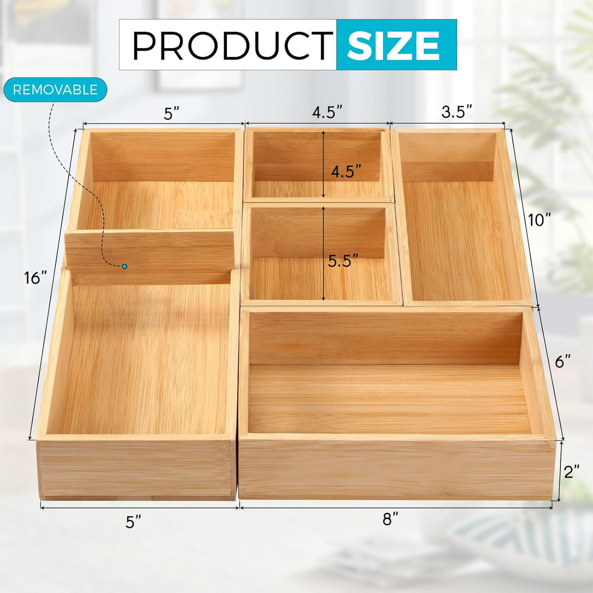 Drawer Organizer, Set of 9 Bamboo Wood Kitchen Makeup Desk Junk Tea Drawer Storage Boxes Bins for Cutlery Silverware Utensils Flatware, Small Wooden Container Tray for Bathroom, Office